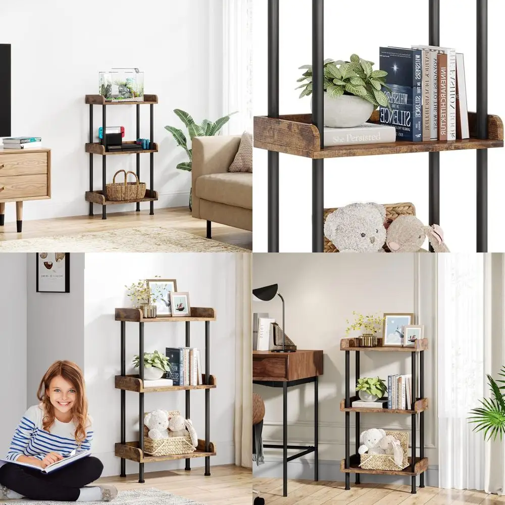 

3-Tier Wooden Industrial Bookshelf - Rustic Brown Metal and Wood Display Rack for Home Office Living Room Bedroom