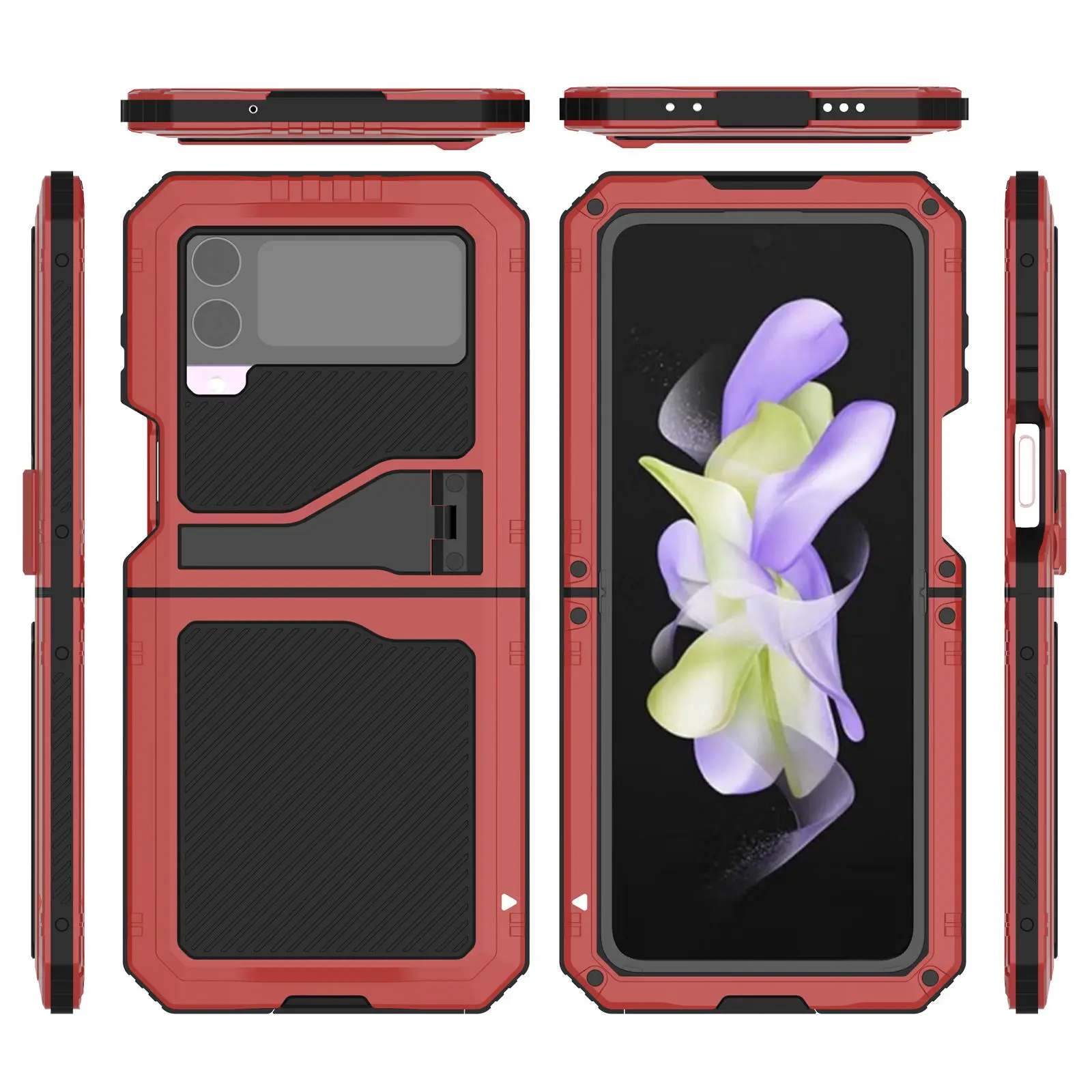 for Samsung Galaxy Z Flip 4 Metal Case with Kickstand, 3 Layers Full Body Protective Shockproof Aluminium Cover for Z Flip 4