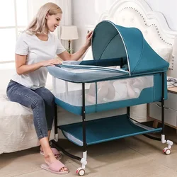 Multi Functional Baby Cribs, 0-3 Year Old Newborn Adjustable Height Spliced Large Bed Bassinet Baby Cot Beds Portable Baby Bed