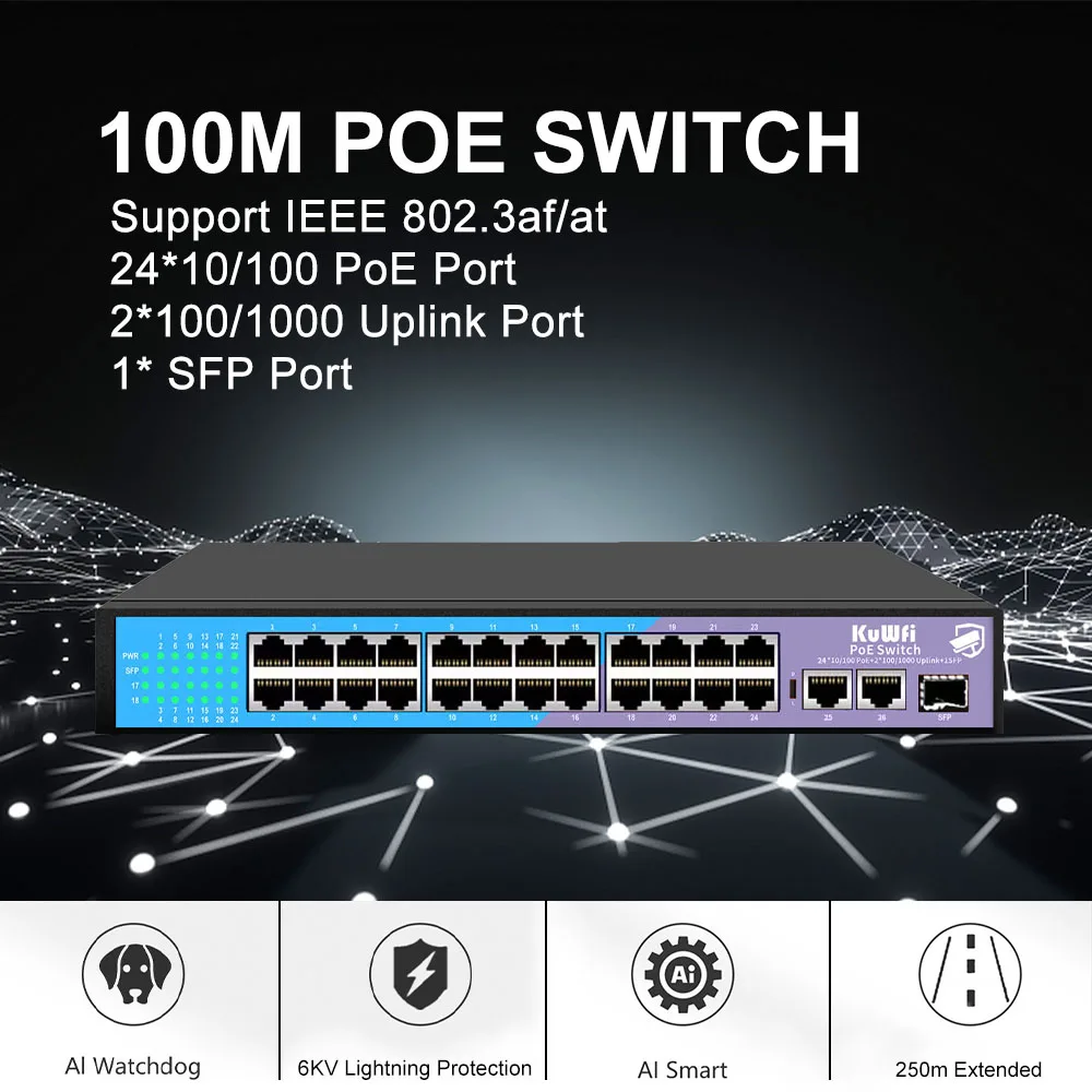 Imagem -06 - Kuwfi-poe Switch Ethernet Inteligente 16 ou 24 Portas 100mbps Rj45 Alimentação Interna Hub de Rede do Office para Câmera ip