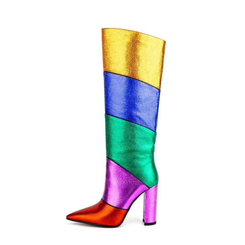 

Spliced High-Heel Over-the-Knee Boots for Women Bold Colors, Pointed Toe, Chunky Heel Party & Music Festival Combat Boots