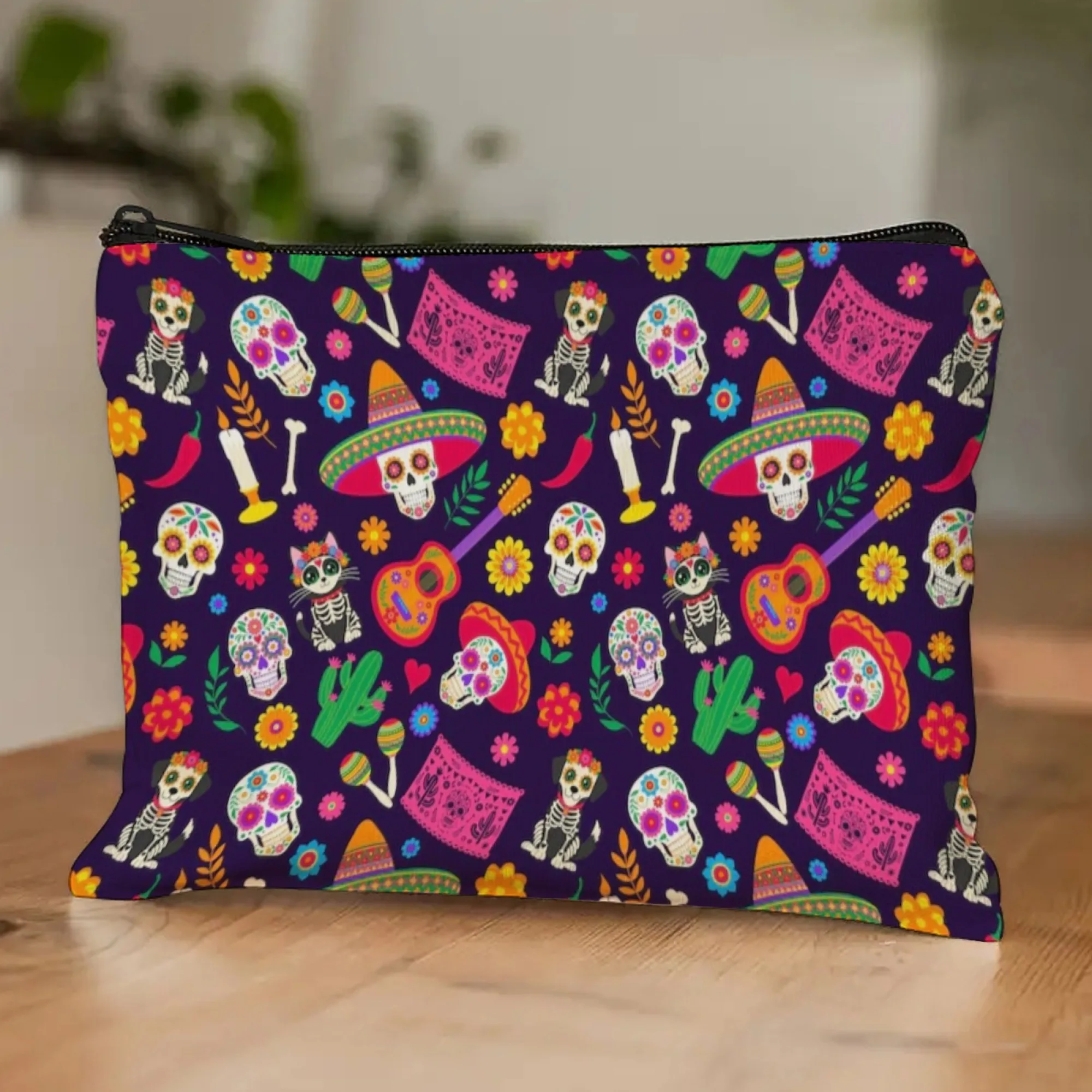 Day of The Dead Cosmetic Pouch Purple with Sugar Skulls Maracas Guitars Cacti Details Zipper Closure Ideal for Festival Lovers