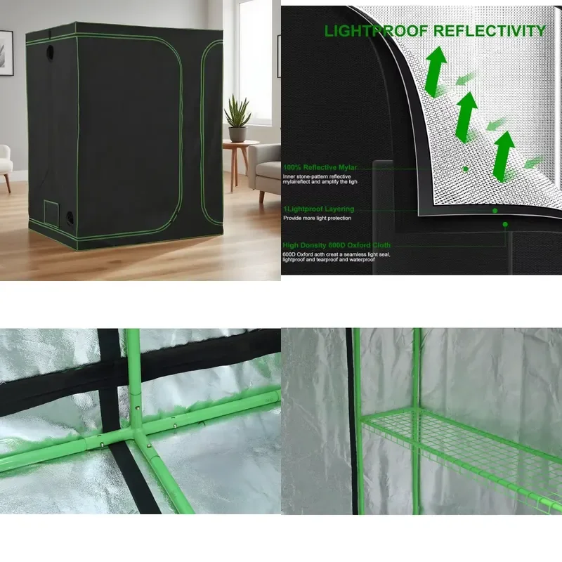 600D Diamond Reflective Polyester Grow Tent with Observation Window and Floor Tray for Indoor Hydroponic Plant Growth