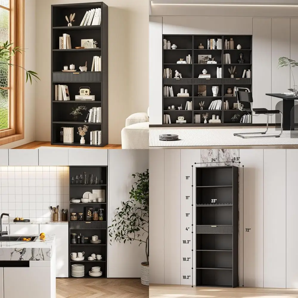 72 Tall 7-Tier Bookshelf with Storage Drawers, Display and Organizer, Anti-Tip Feature, Home Decor Bookcase