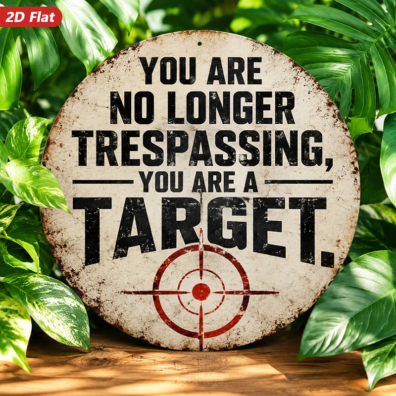 2D Flat, 1pc Target Warning Round Metal Sign Wall Art, Home Decor, Bold You Are No Longer Trespassing Message, Distressed Circul