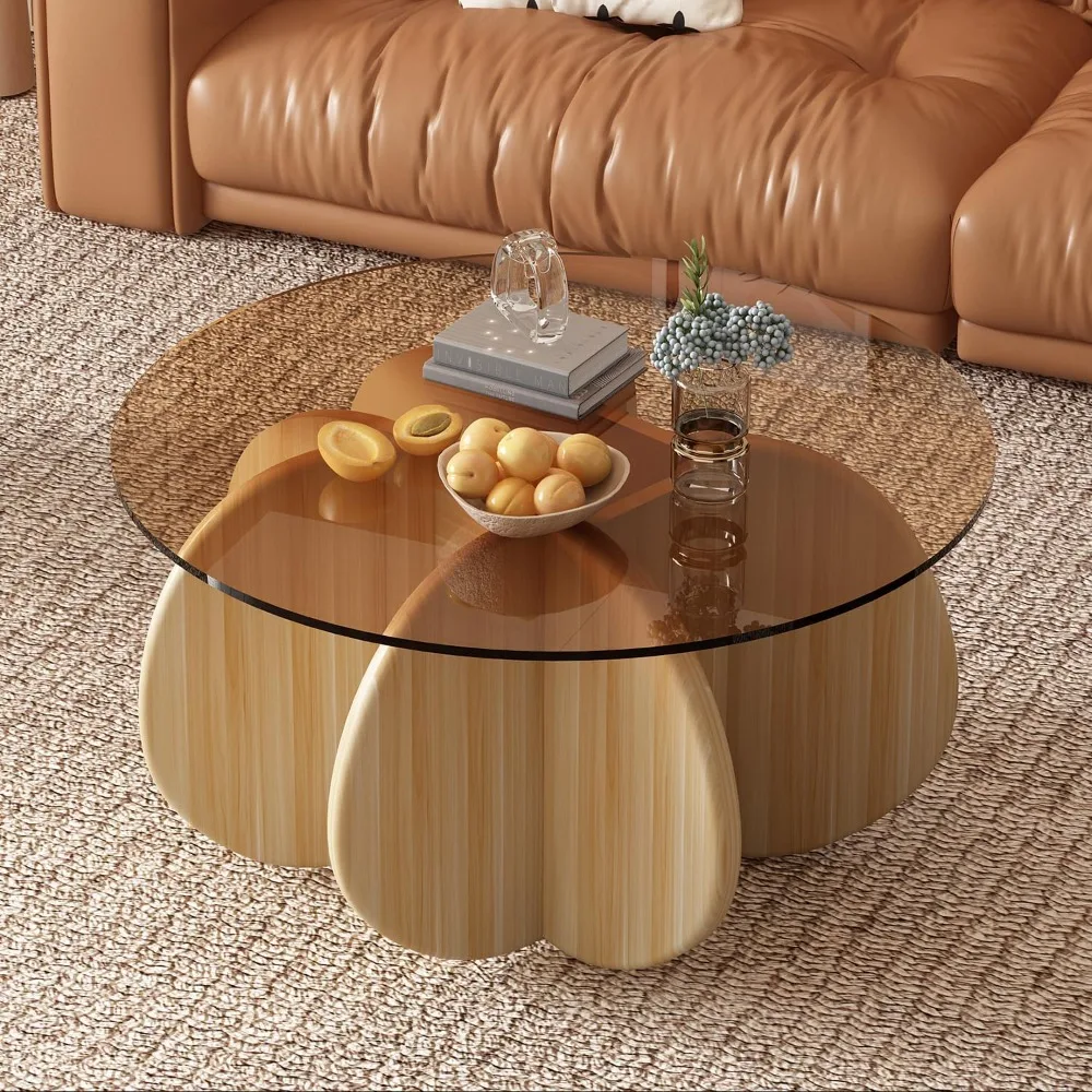 Round Coffee Table with Tempered Glass Top, Modern Center Table for Small Spaces - Sturdy Walnut Board Frame, Simple Design