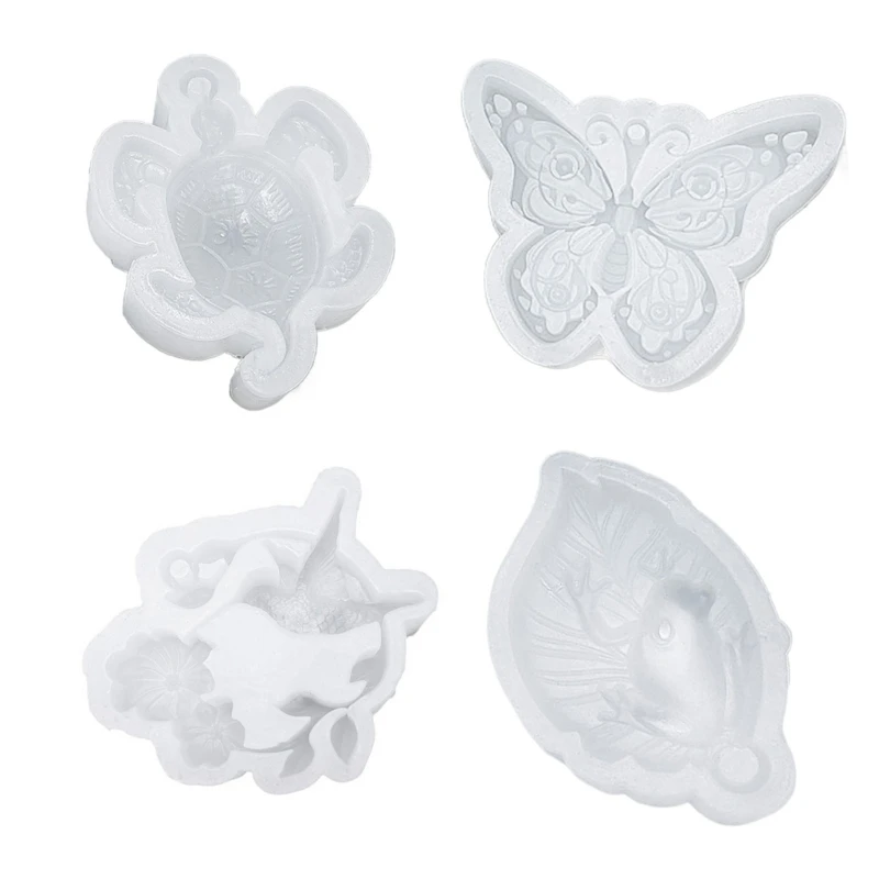 

4Pcs Cute Animal Shaped Keychain Silicone Mold with Hole DIY Butterfly Lotus Frog Turtle Hummingbird Keyring Pendants Mould