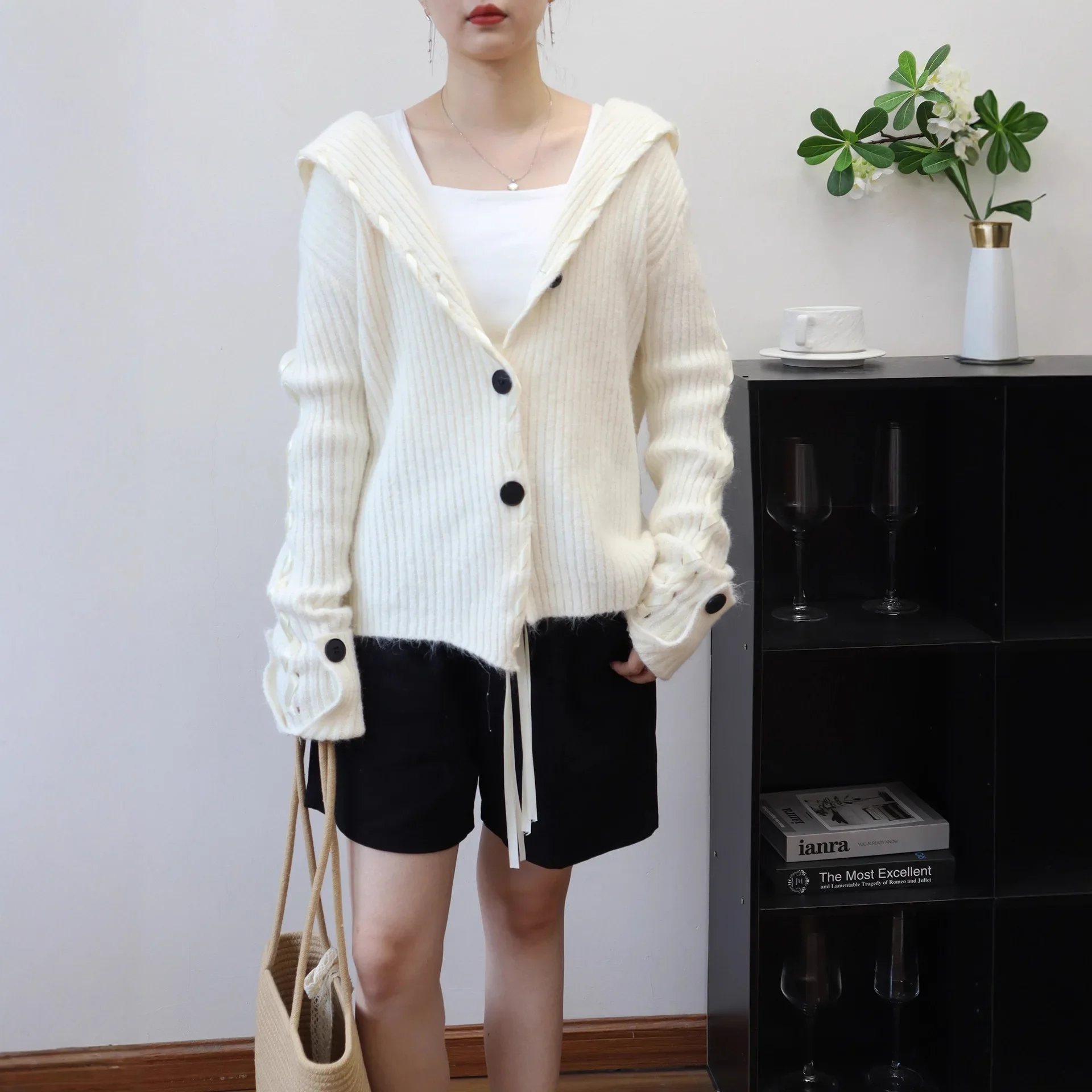 

Women's Style Trendy Sweater Jacket Korean Version Autumn Winter New Arrival Loose Knitted Open Cardigan with Sash Large Collar