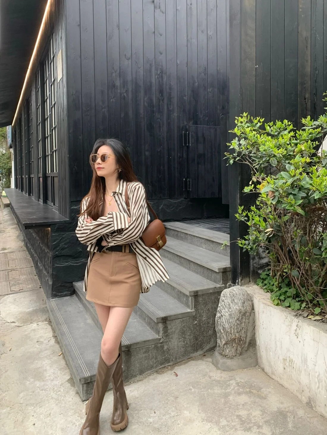 

SIMONA California Street Sweet Cool Brown Stripes Loose Slimming Thin Sun Protection Mid-Length irt Korean Sle Long Sve