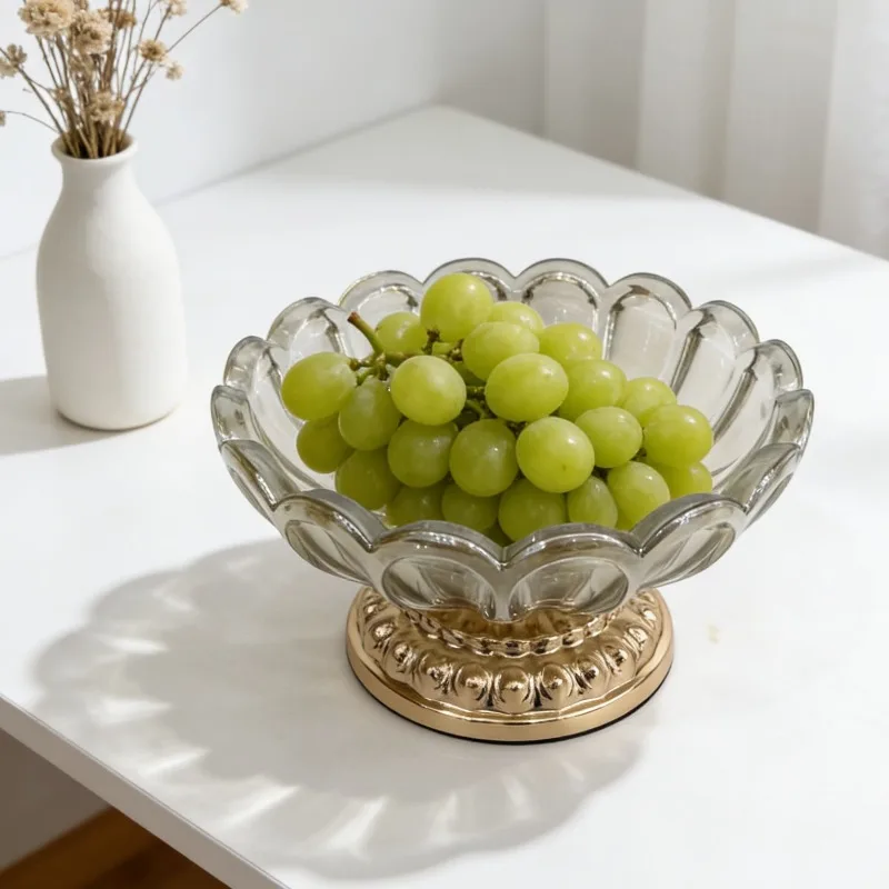 

Luxury Crystal Glass Fruit Bowl Iron Art Storage Tray, Chinese Style Dessert Plate Home Decor Kitchen Tableware for Living Room