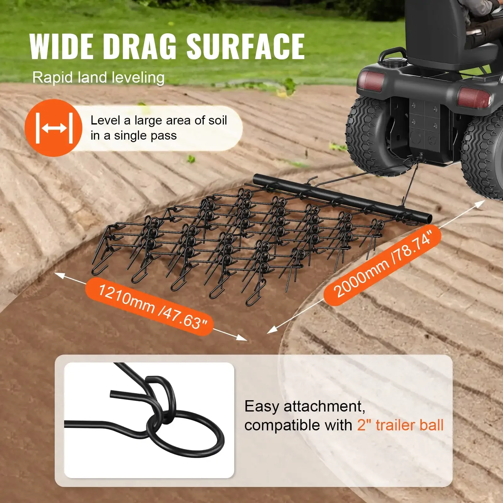 Drag Harrow, 4'x4' Robust Chain Harrow with 69 Teeth, ATV UTV Tractor Accessories Field Drag Mat for Gravel Driveway Yard