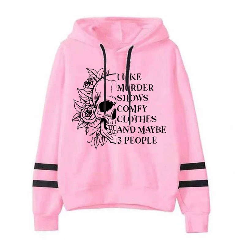 Casual Vintage Skull Rose Print Sweatshirts Women Long Sleeve Drawstring Pullover "I Like Murder Shows" Funny Skeleton Hoodies