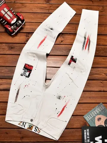 White Vintage Motorcycle Jeans for Men Trendy Ink Splash Print Patch Slim Fit Stretch Skinny Street Pants