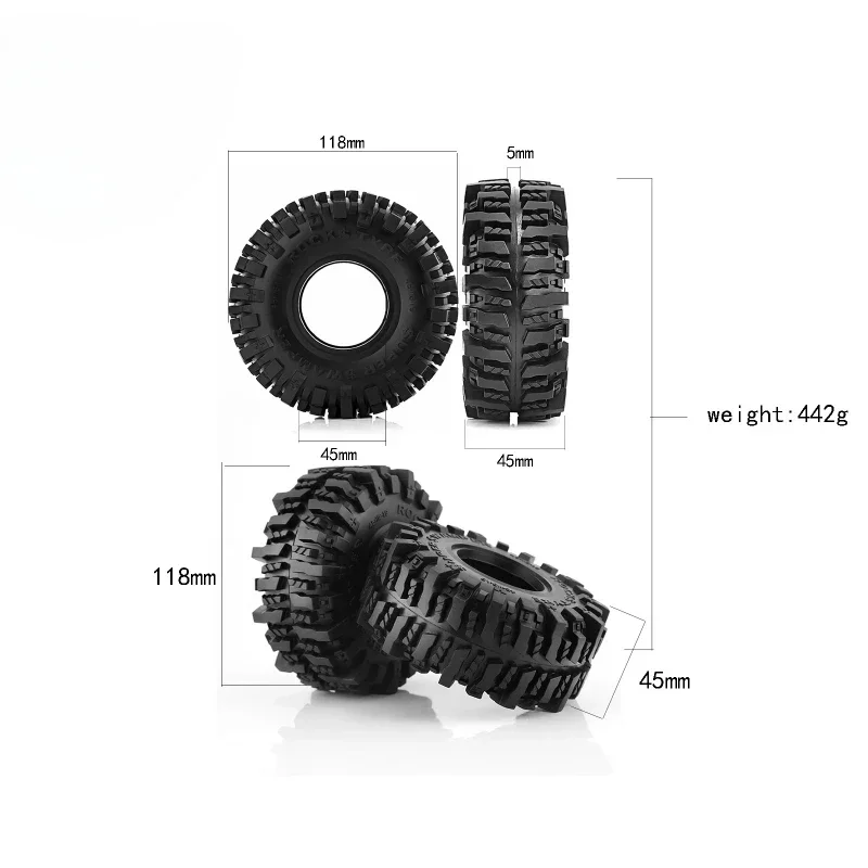 4PCS 118 MM 1.9 Rubber Rock Tyres Wheel Tires for 1:10 RC Crawler Car Axial SCX10 90046 AXI03007 TRX4 Redcat Gen8