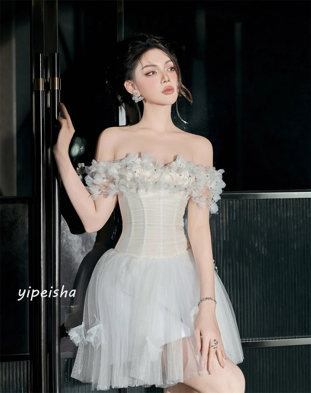 Tulle Flower Pearl  Beading Ruched Homecoming A-line Off-the-shoulder Bespoke Occasion Gown Mini Dresses