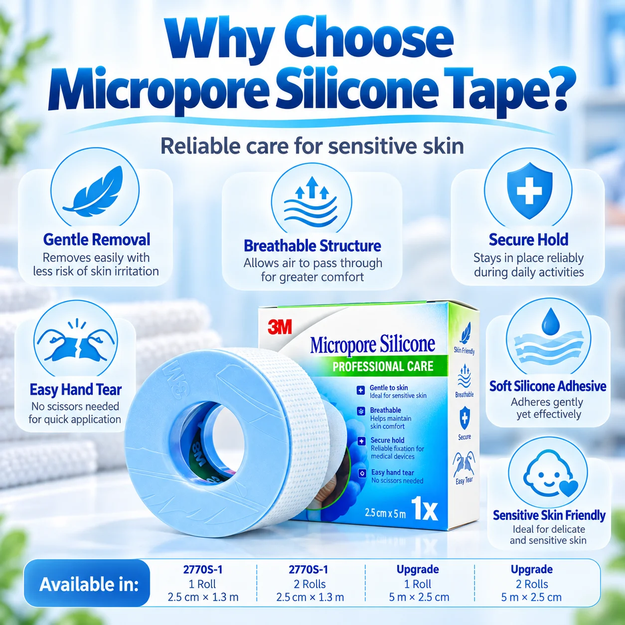 3M 2770S-1 Silicone Medical Tape Breathable Gentle Removal For Dressing IV Tubing Sensitive Skin 2.5cm 1.3m 5m