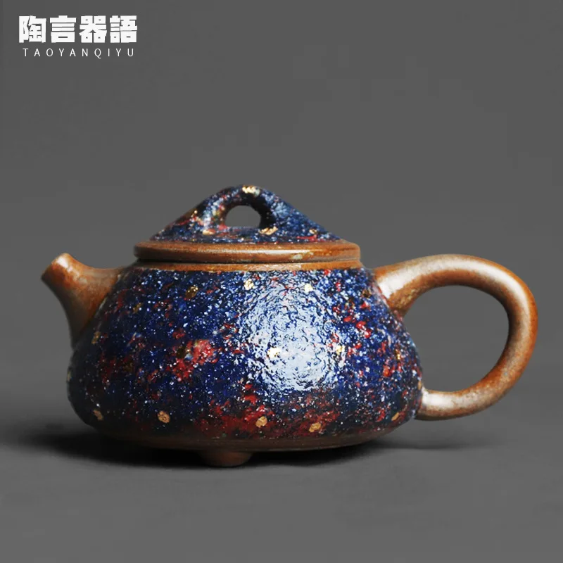 

Rock mine blue sand pottery hand-held teapot retro pottery drawing gold craftsmanship Kung Fu tea ceremony tea maker single pot