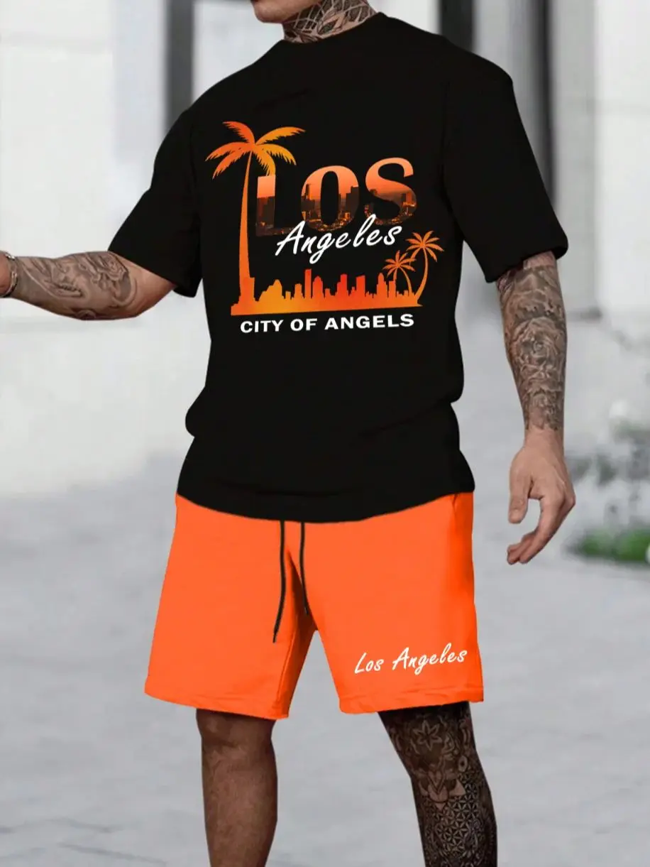 

Men's Urban Street Style 2 Piece Tracksuit, Los Angeles Palm Graphic Summer Outfit