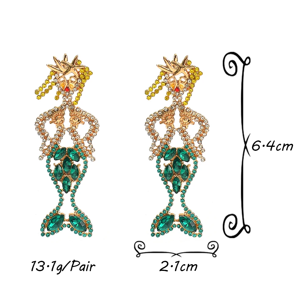 Cartoon Metal Crystal Mermaid Humanoid Drop Earrings for Women Fashion Colorful Rhinestone Earrings Party Jewelry Gifts