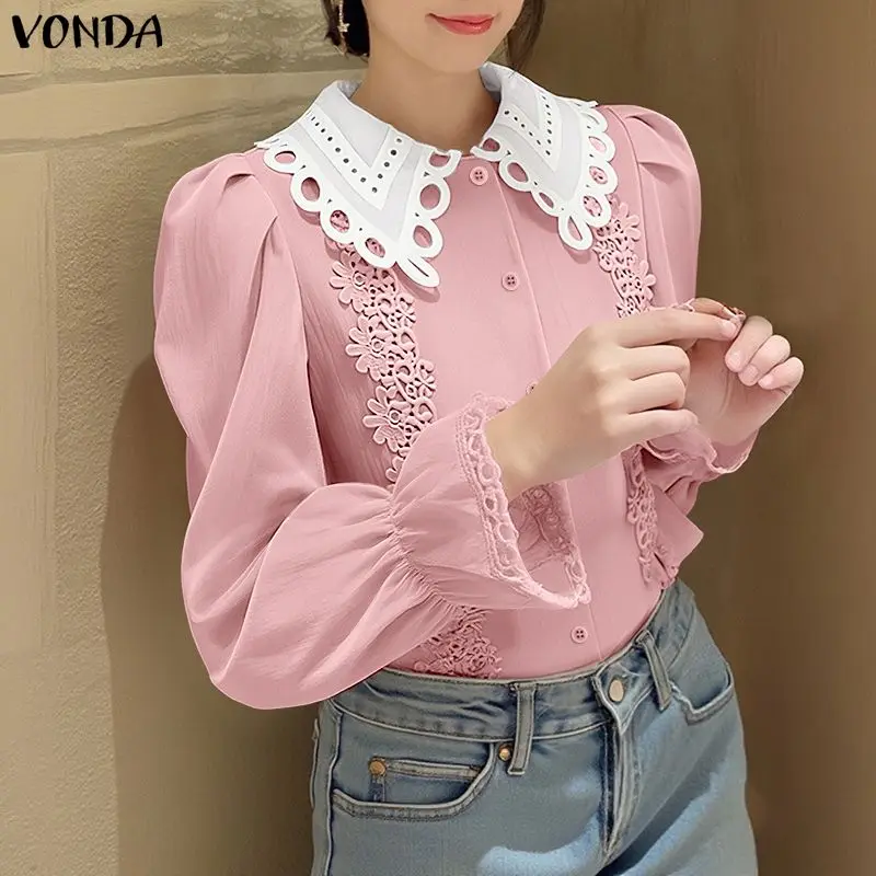 

Женская кружевная блузка VONDA, элегантная офисная рубашка с длинным рукавом, модная модель 2026 года, на пуговицах, повседневная свободная туника с воротником «Питер Пэн»