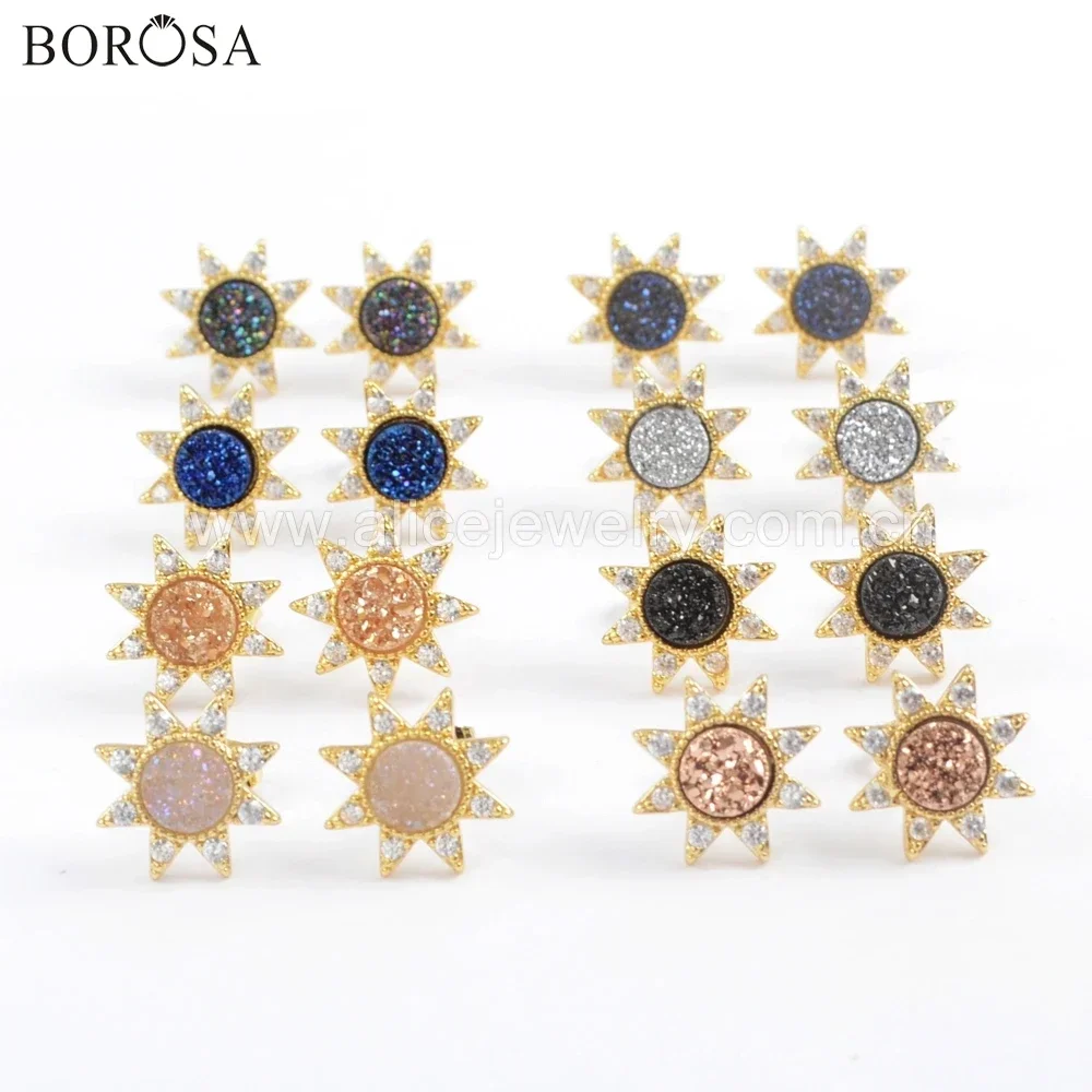 BOROSA 5Pairs Elegant Gold Plated CZ Micro Paved 7mm Round Druzy Stud Earrings Rainbow Natural Agates Druzy Earrings for Women