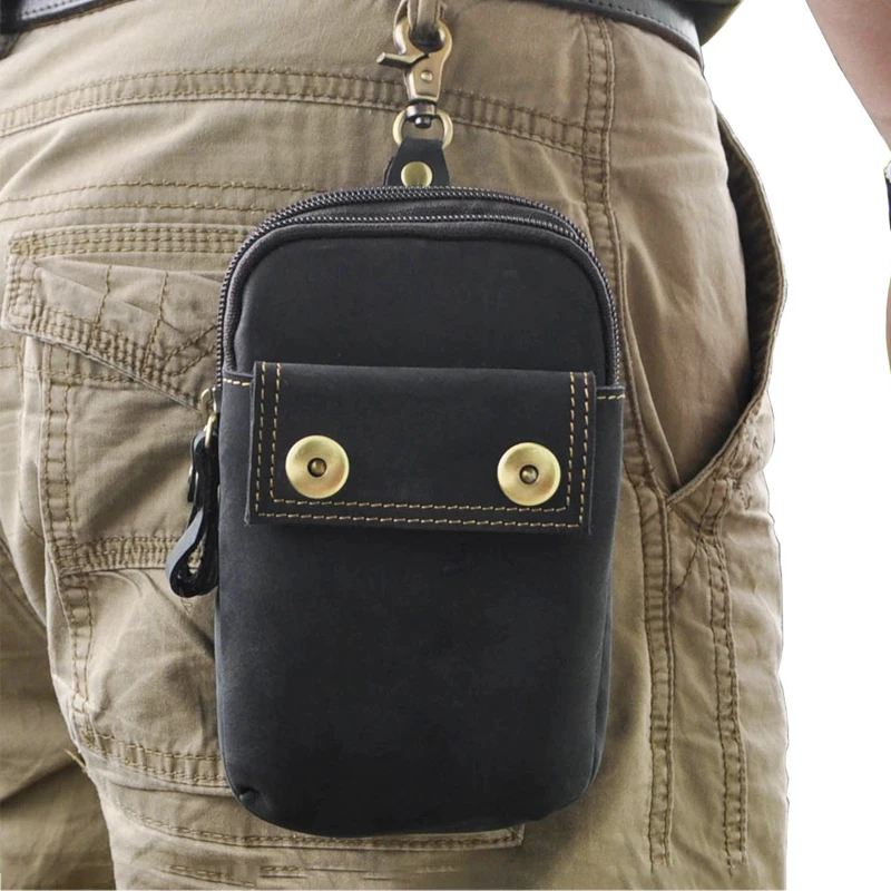 

Genuine Leather Men Fanny Pack Cell Phone Cigarette Key Case Purse Pouch Crazy Horse Cowhide Hip Bum Belt Hook Waist Bags