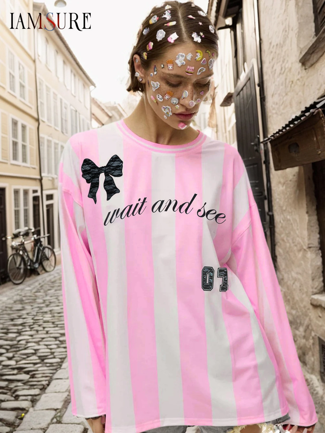 

IAMSURE Sweet Striped Bow Printed T Shirt Casual Loose O-Neck Long Sleeve Tees Women 2025 Autumn Spring Fashion Streetwear Lady