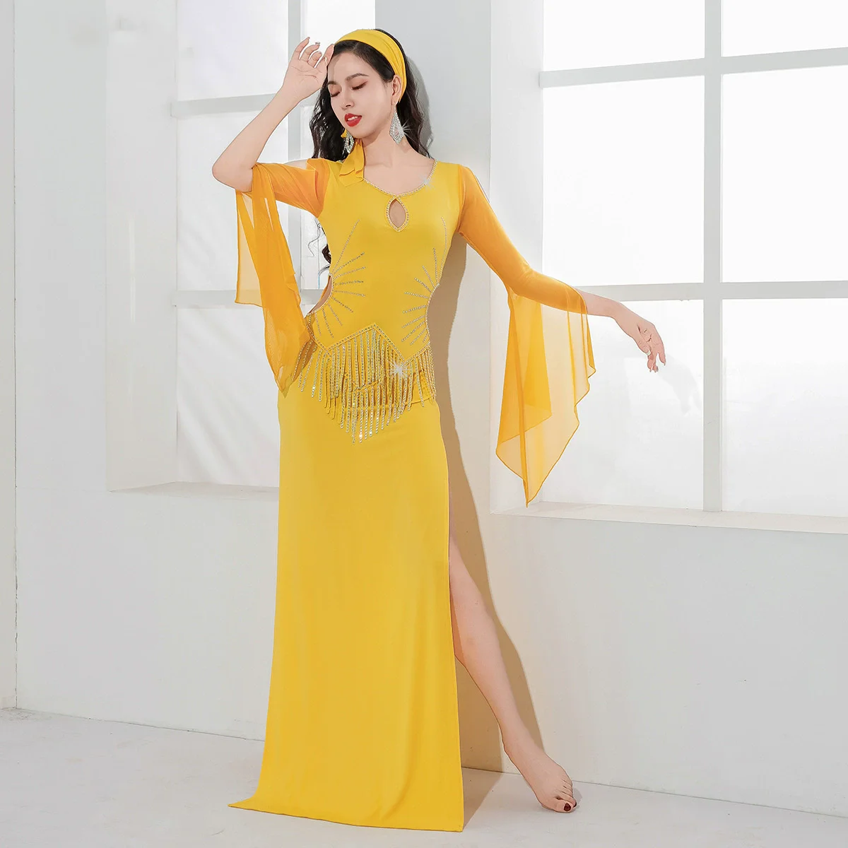 Adulto desempenho dança wear feminino meia manga saidi shaabi baladi traje robe vestido de dança do ventre com strass borla