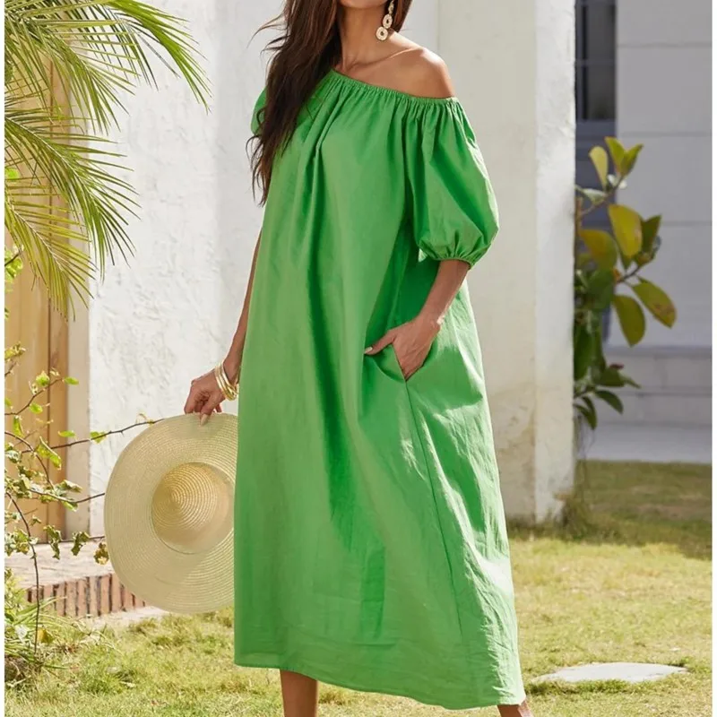 

Summer New Casual Loose Green Dress French Casual Lazy Style Bubble Sleeve Slanted Shoulder Short Sleeved Female Elegant Dresses