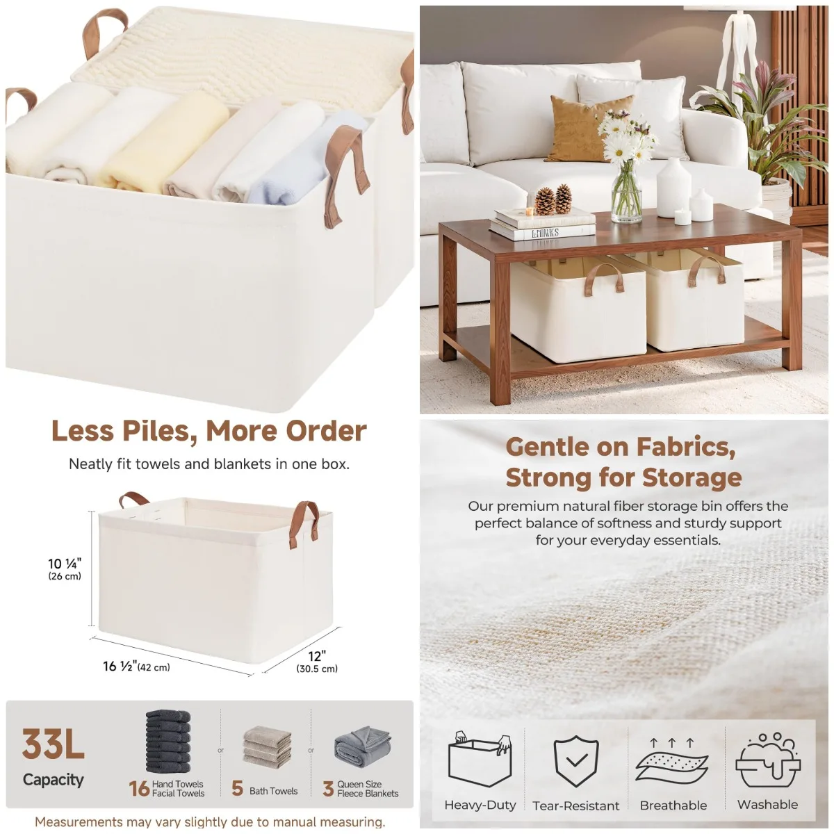 

Large Fabric Storage Bins with Metal Frame & Handles, Natural Color, 2-Pack