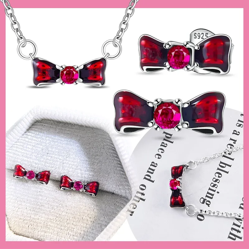 

NEW Silver S925 Red Bowknot Jewelry Sets Shining Zircon Original Earrings Necklace for Women Fine Jewelry Gifts Daily Matching
