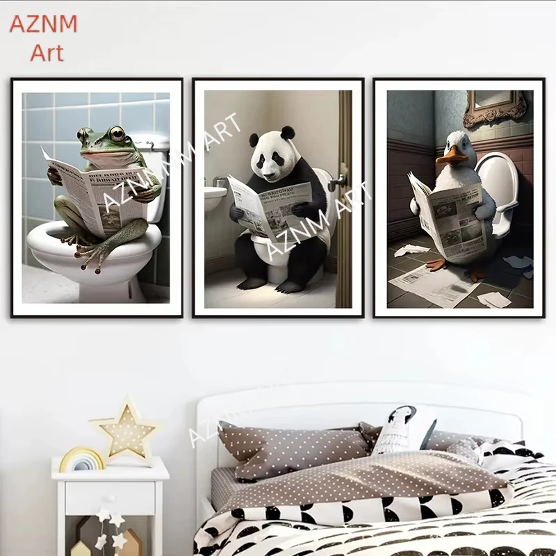 Lustige Badezimmer-Wanddekoration mit Humorvollem Tiermotiv: Bär, Hund, Tiger auf der Toilette beim Zeitungslesen, Kunstdruck auf Leinwand