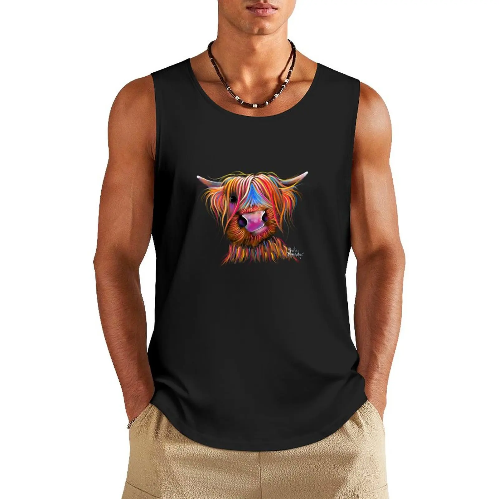 CoW PRiNT SCoTTiSH HiGHLaND ' BRuCe ' BY SHiRLeY MacARTHuR Tank Top T-shirt Men's gym running shirt underwear