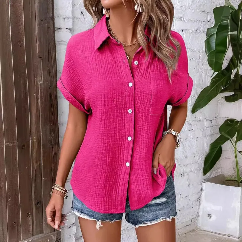 2025 Summer Solid Pleated Slim Casual Cardigan Shirt Women Turn Down Collar Single Breasted Short Sleeve Versatile Street Blouse