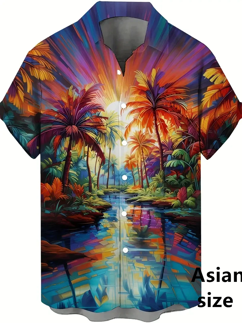 Chemise hawaïenne imprimée cocotier psychédélique néon pour hommes et femmes, chemises à boutons à manches courtes, pour la marche de rue, la plage touristique, été