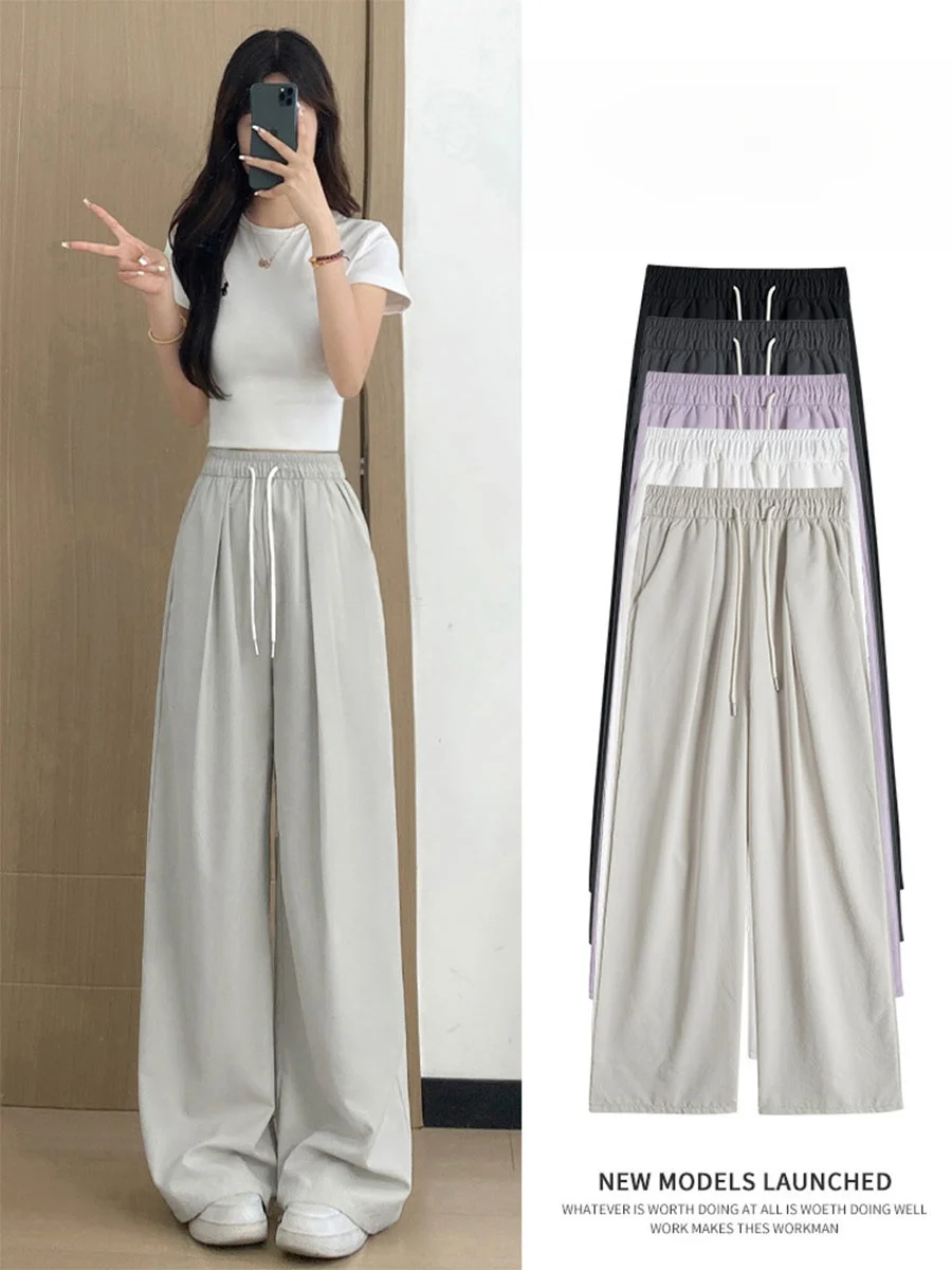 Pantaloni a gamba larga in seta di ghiaccio Pantaloni sportivi larghi e sottili Qui Dry per studenti delle scuole medie Pantaloni estivi casual a gamba dritta