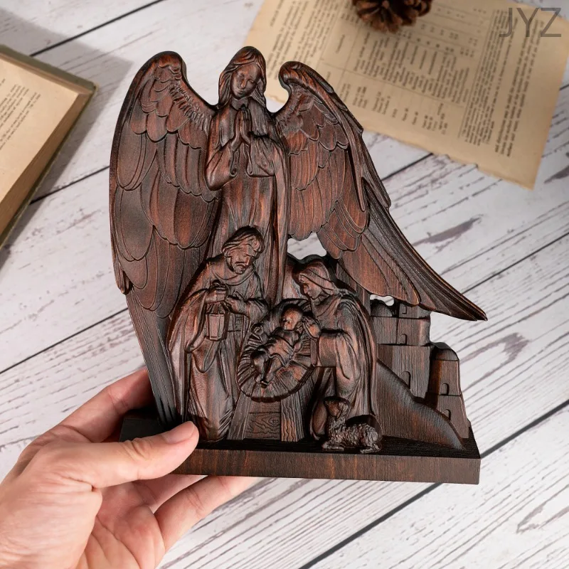 Creative Holy Family with Guardian Angel Statue, Wooden Nativity Ornament, Catholic Religious Statue, Home Decor