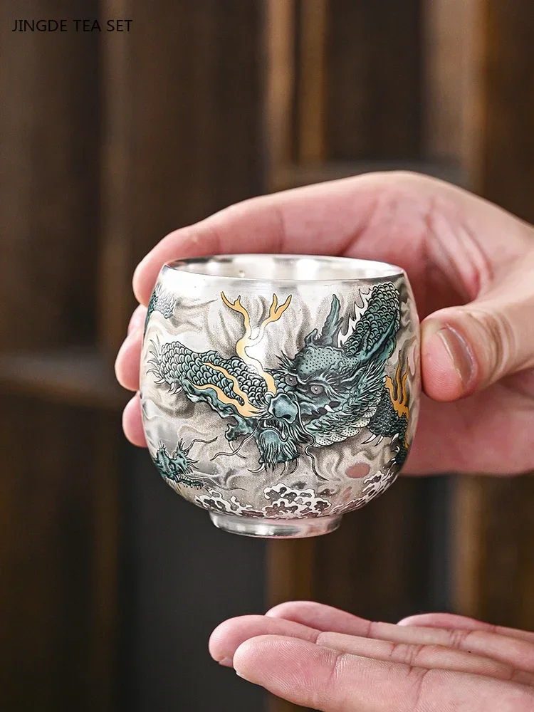 Hand-made Dragon Design Tea Cup High-grade Silver-plated Ceramic Master Cup Home Beauty Teacup Chinese Zen Tea Set Accessories