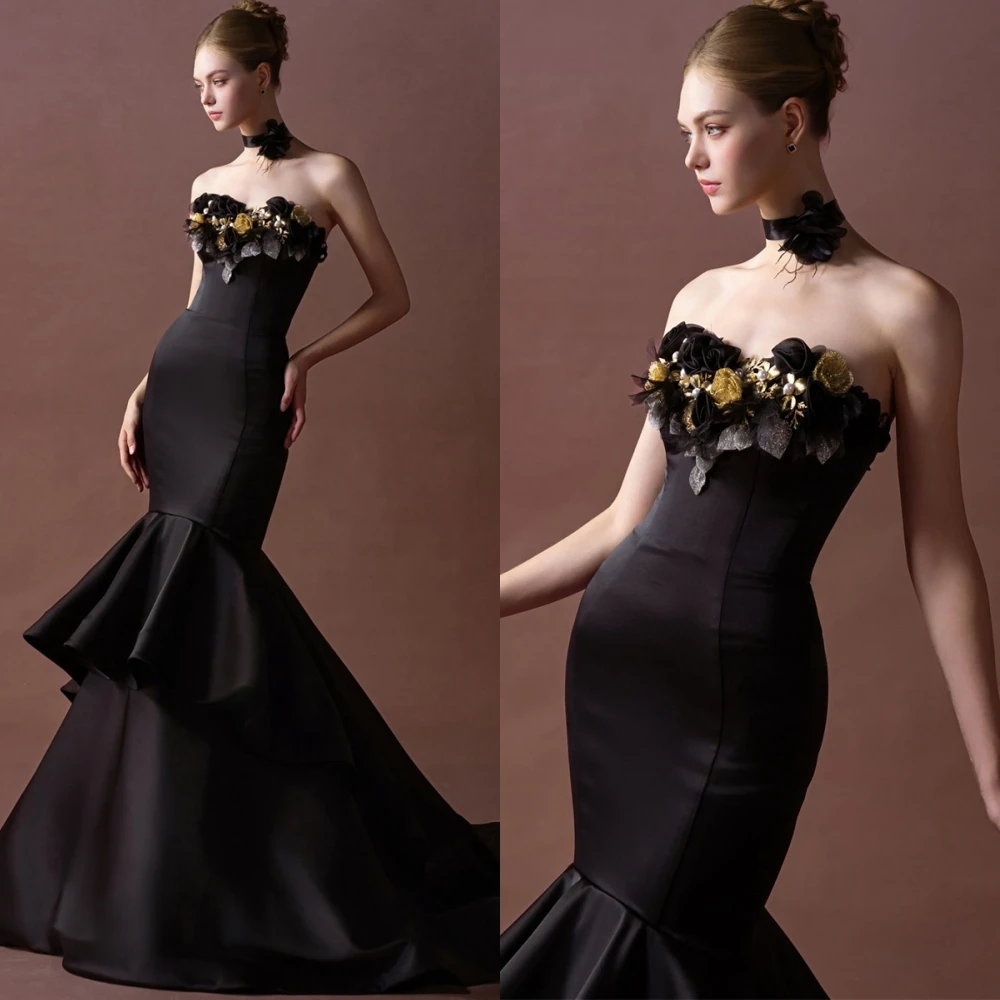 

Customized Sexy Satin Mermaid Evening Dress Simple Sweetheart Prom Dresses Sparkly Flowers Chapel Train Special Occasion Gowns