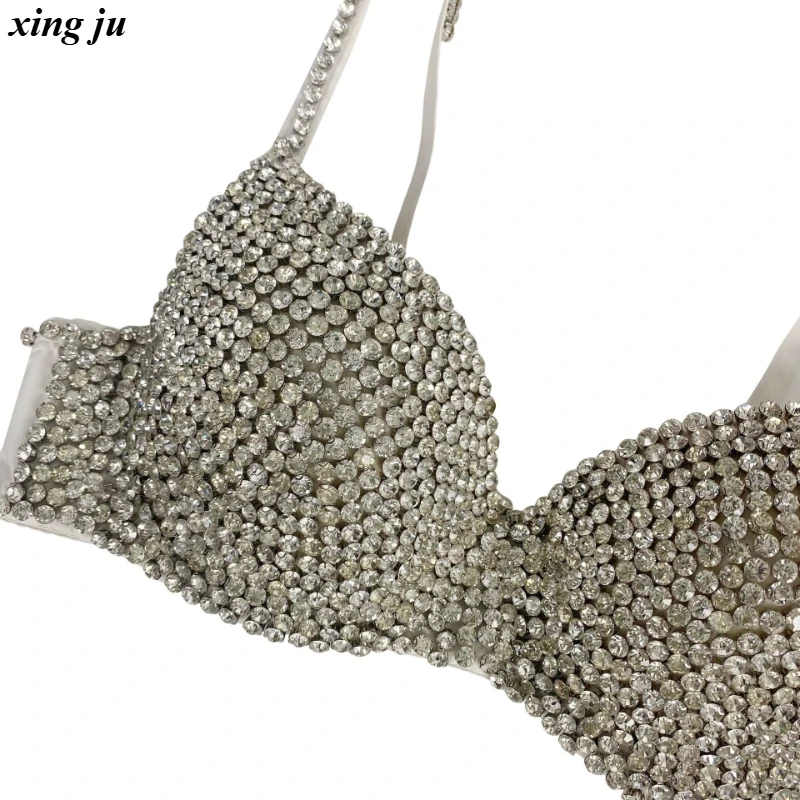 Xing Ju Frauen Jazz Dance Sexy Diamant Sling Cropped Tops Mode Ärmelloses Korsett Strass Stricken Weste Nachtclub DJ Bühne Tragen