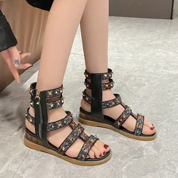 Fashion Summer Shoes for Women 2023 New Roman Open Toe Rivet Flat Women's Sandals Outdoor Totem Zipper Casual Ladies Sandlas