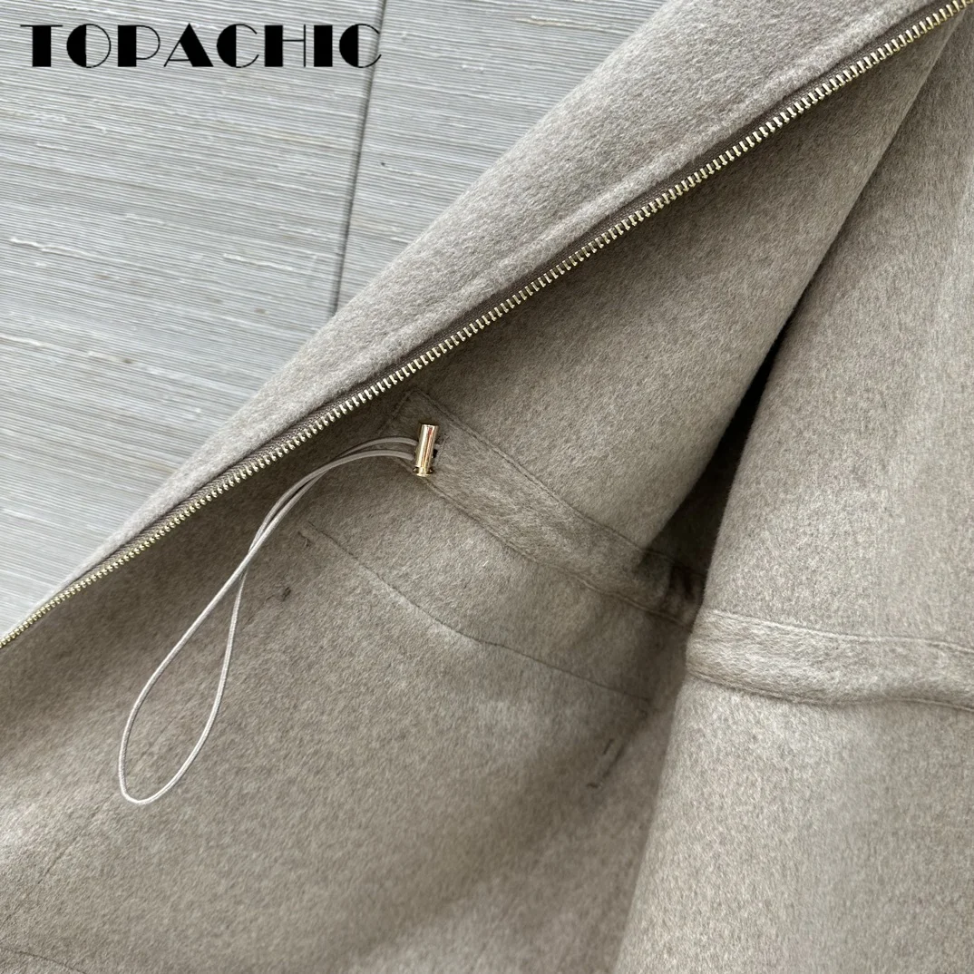 9.2 TOPACHIC-Women\'s Hooded Drawstring Waist Double-Side Woolen Keep Warm Coat Classic Big Pocket Zipper Loose Outerwear