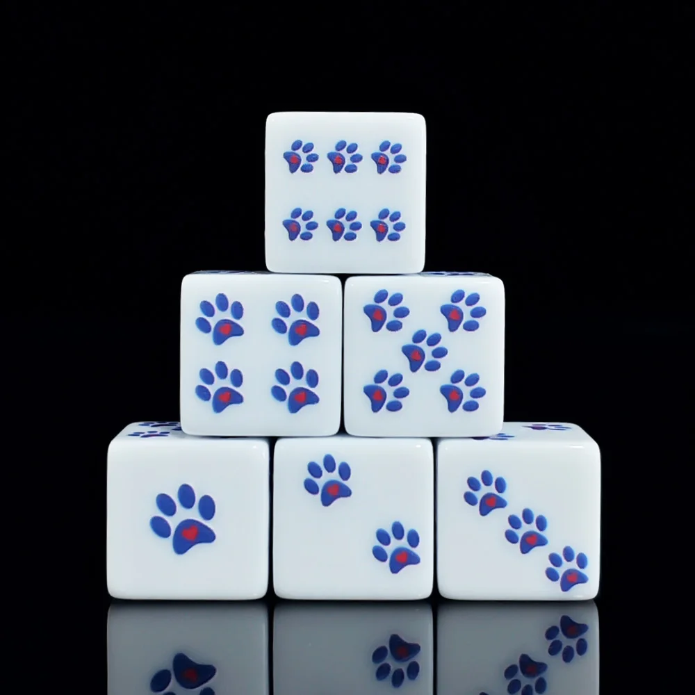 12PCS 16mm Acrylic Dog Paw Print Dice, Cute Blue Paw Design D6 Dice, Dice for Tabletop Games & Party Supplies