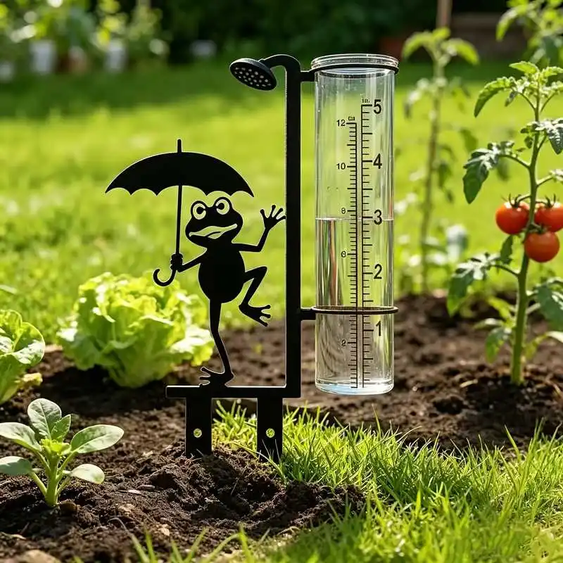 Frog-shaped outdoor metal rain gauge, can be placed on courtyard lawns and terraces, and can also be inserted around flower pots