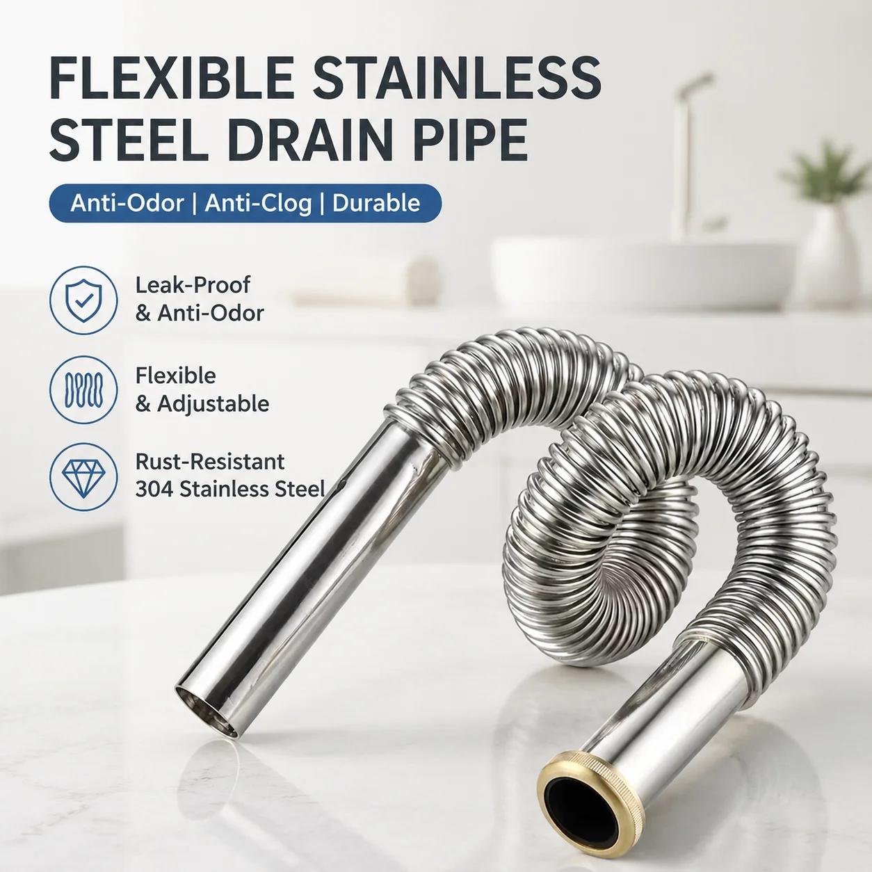 

304 Stainless Steel Flexible Drain Pipe, Anti-Odor Anti-Clog, Universal Sink Hose,Rust-Resistant,Easy Install,Kitchen & Bathroom