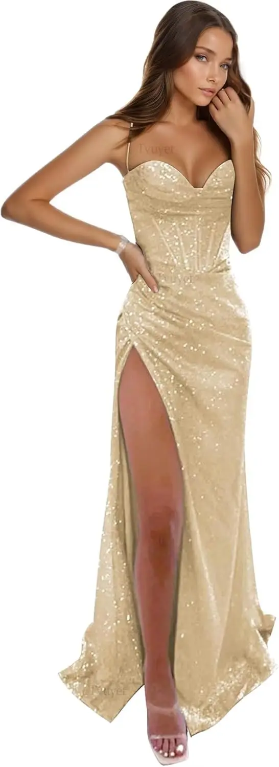 Vestido de baile feminino elegante, slim fit, lantejoulas, saia rabo de peixe e fenda, vestido de noite longo formal para ocasiões especiais