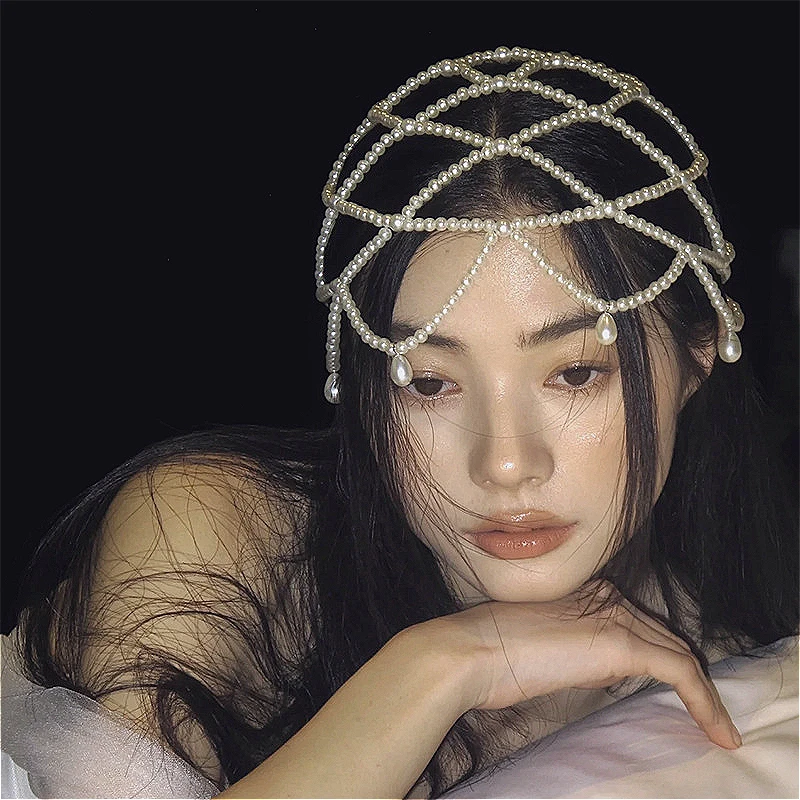 Handmade Pearl Weave Hat Chic 2024 Fashion Women Exotic Pearl Tassel Belly Dance Princess Headwear Costumes Head Cap Hat White