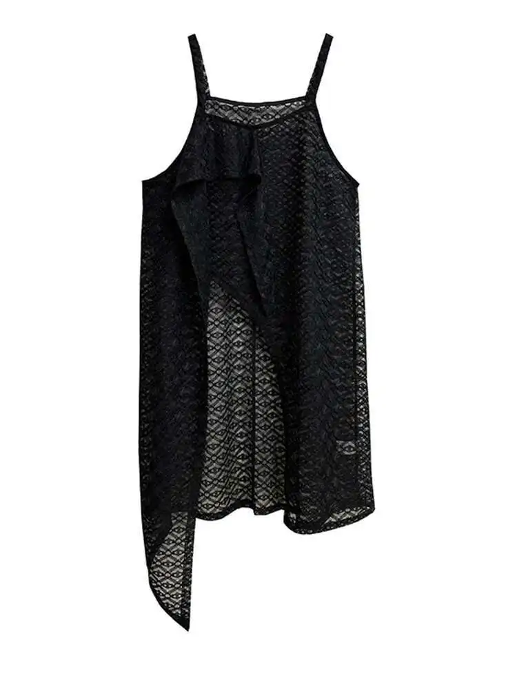 Women Black Lace Irregular Spaghetti Strap Dress New Square Collar Sleeveless Fashion Tide Spring Summer