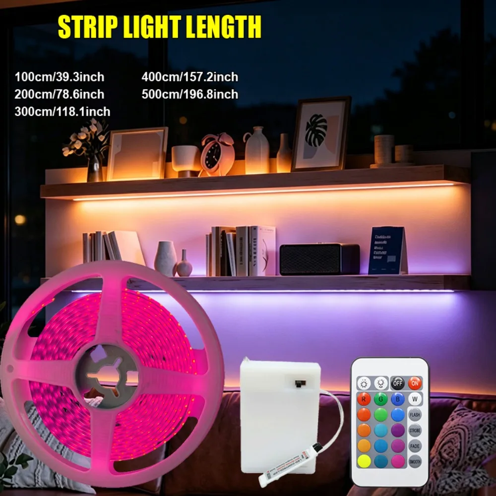 1m to 5m Rgb Cob Led Light Strips, Battery-Operated (Batteries Not Included) with a Multi-Function Remote Control, Can Switch between Multiple Color Modes, High-Density Cob Led Strips Without Light Spots, Suitable for