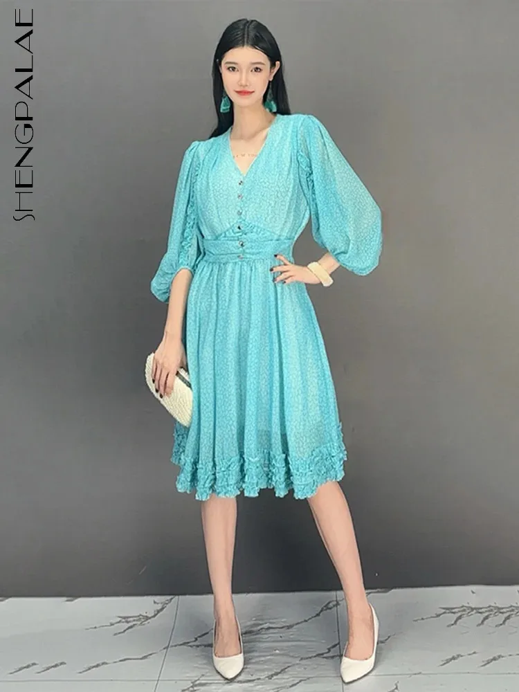 

SHENGPALAE сращенные платья с грибком, женские платья с v-образным вырезом и половиной рукавов, трапециевидной формы, со сборкой на талии, вечерняя элегантная женская одежда 5C1484